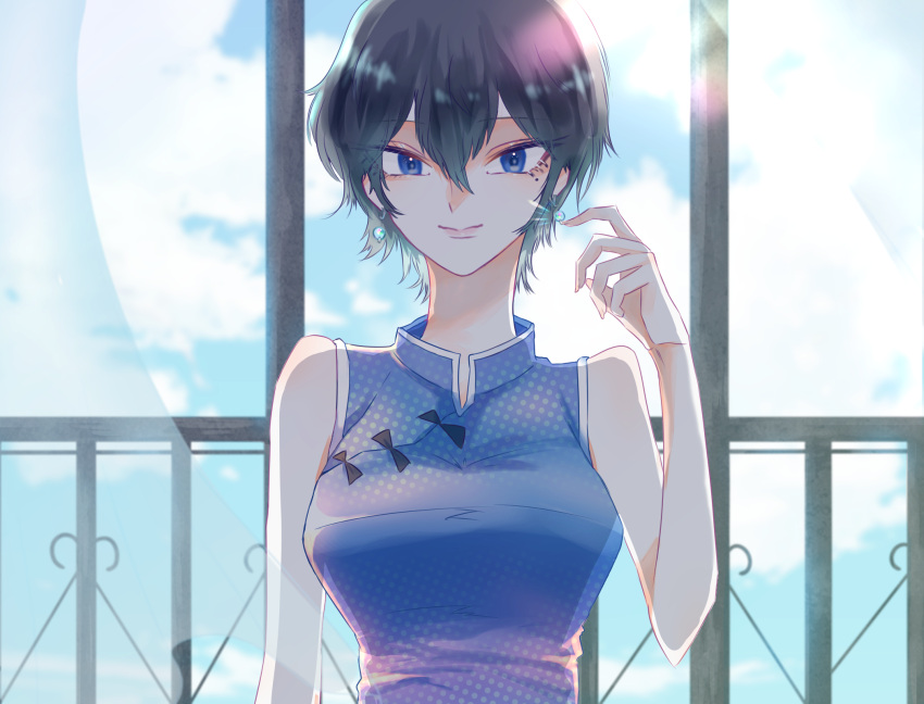 1girl, black_bow, black_hair, blue_dress, blue_eyes, bow, china_dress, chinese_clothes