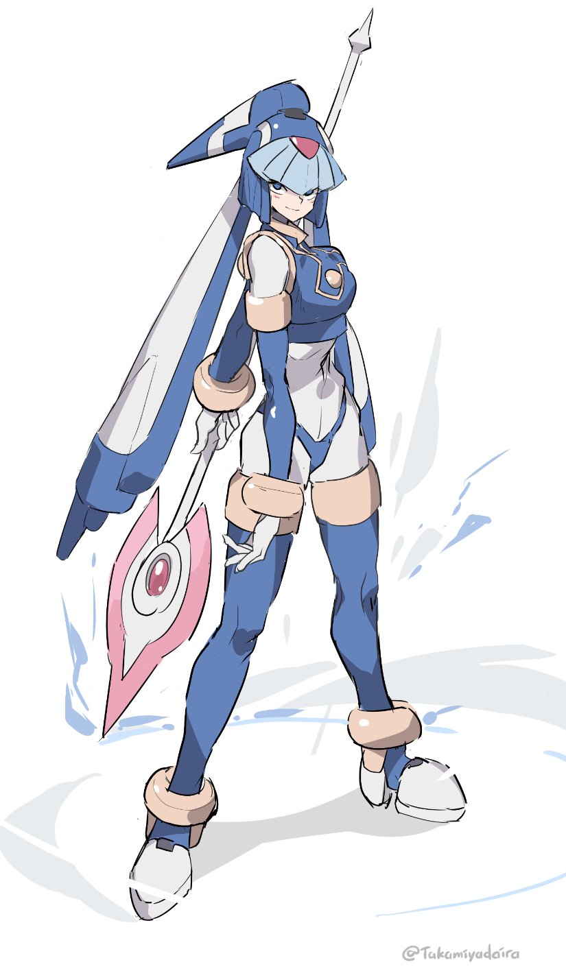 1girl, android, arm_behind_back, artist_name, blue_eyes, blue_legwear, boots, breasts