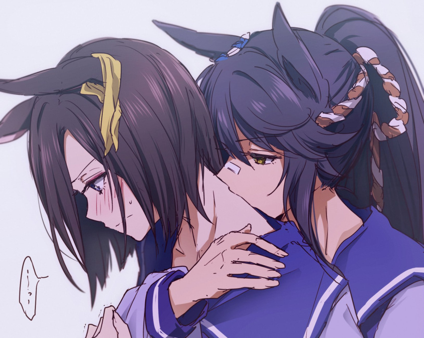 2girls, air_groove_(umamusume), animal_ears, ayame_iro_(toumei_dolce), bandaid, bandaid_on_face, bandaid_on_nose, bangs, blue_eyes, blush, brown_hair, closed_mouth, grey_background, highres, horse_ears, hug, hug_from_behind, kiss, kissing_neck, long_hair, long_sleeves, looking_down, multiple_girls, narita_brian_(umamusume), ponytail, purple_shirt, sailor_collar, shirt, simple_background, speech_bubble, sweatdrop, umamusume, upper_body, yellow_eyes, yuri
