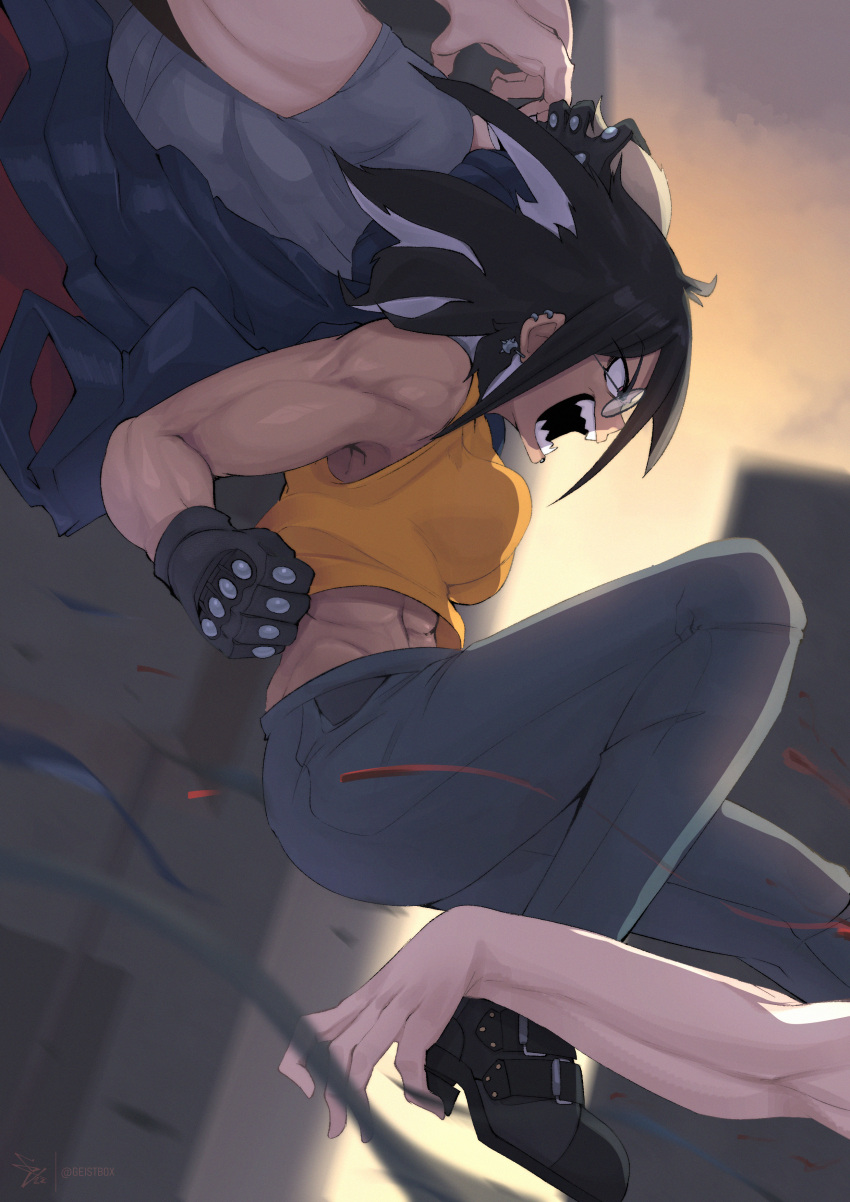 1girl, abs, absurdres, action, angry, black_footwear, black_gloves, blurry, blurry_background, breasts, clenched_hand, dark_skin, fighting, geistbox, glasses, gloves, highres, midriff, multicolored_hair, muscular, muscular_female, open_mouth, original, sharp_teeth, shirt, tan, teeth, two-tone_hair, yellow_shirt