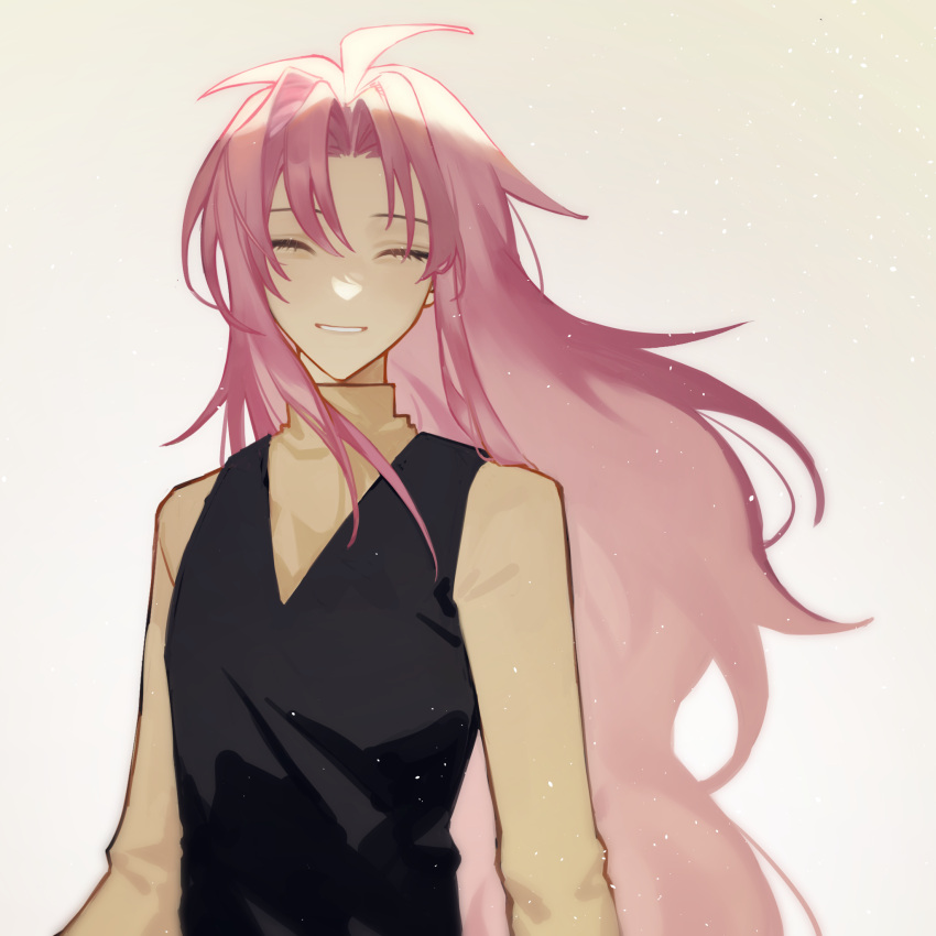 1boy, antenna_hair, beige_sweater, black_vest, chinese_commentary, closed_eyes, eyebrows_behind_hair, grey_background, hair_intakes, hatsutori_hajime, highres, kyoko_(akakikyoko), light_particles, long_hair, pink_hair, saibou_shinkyoku, smile, solo, sweater, turtleneck, turtleneck_sweater, vest