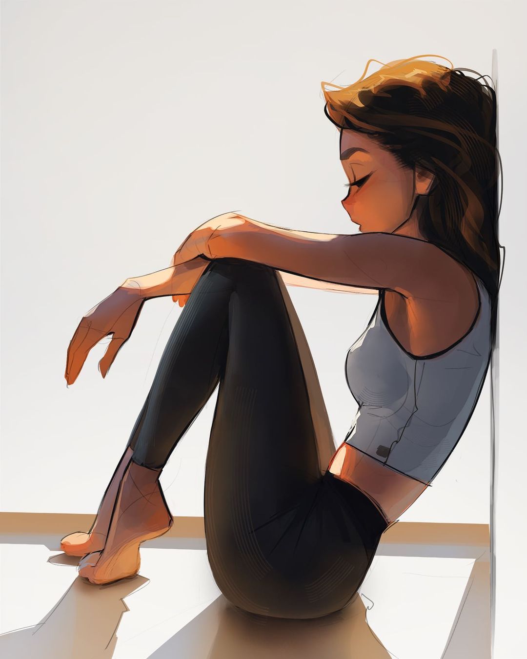 1girl, bare_arms, barefoot, black_legwear, breasts, brown_hair, feet, highres