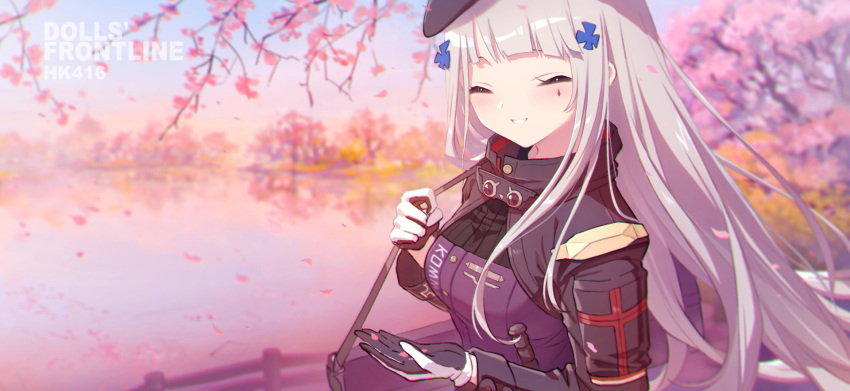 1girl, alithea_jane, bag, black_gloves, blush, breasts, character_name, cherry_blossoms