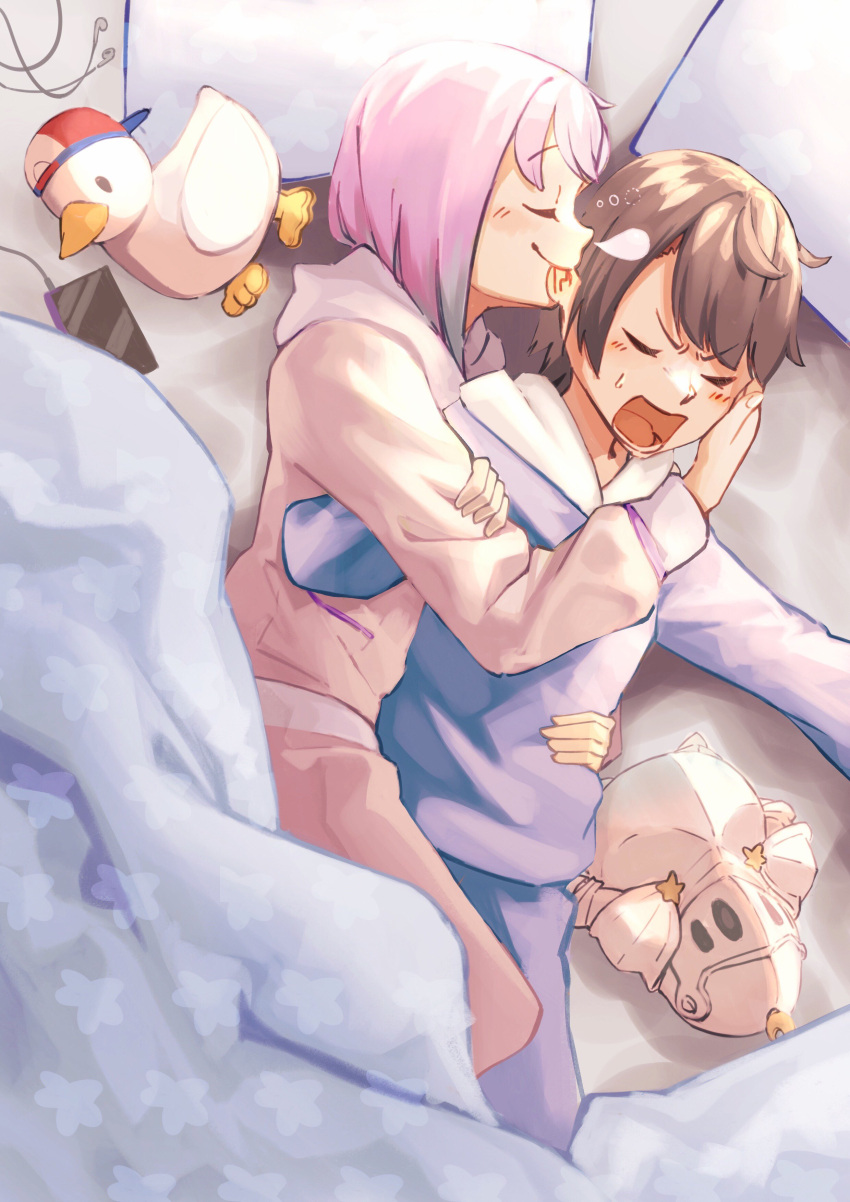2girls, absurdres, bangs, bed, blanket, blue_pajamas, brown_hair, closed_eyes