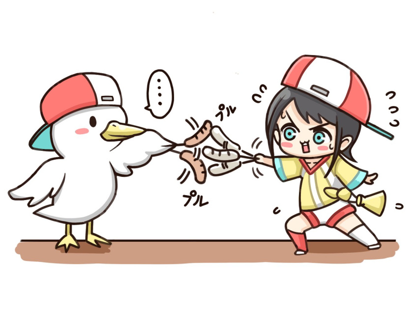 ..., 1girl, aqua_eyes, backwards_hat, bangs, baseball_cap, bird, chibi