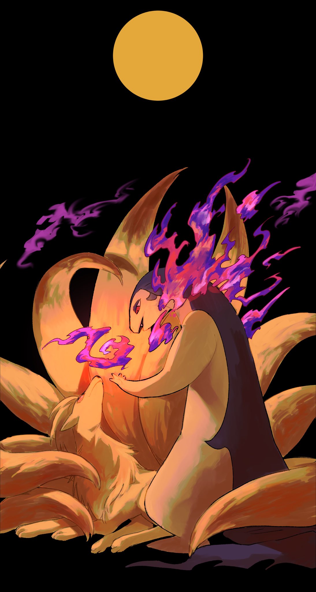 animal_focus, black_background, closed_mouth, commentary, fang, fire, from_behind, full_body