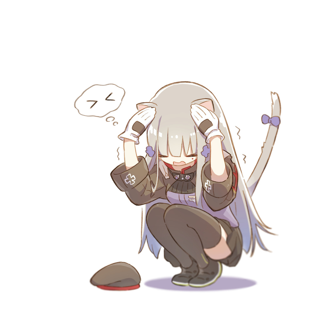 >_<, 1girl, alithea_jane, animal_ears, beret, black_legwear, bow, breasts