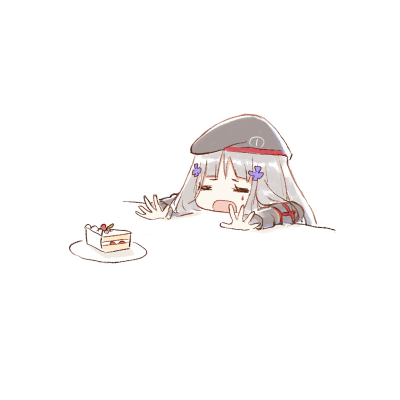 1girl, =_=, alithea_jane, beret, cake, cake_slice, chibi, closed_eyes