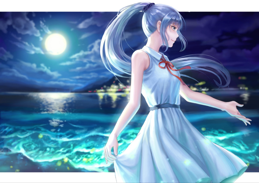 1girl, beach, blurry, chinese_commentary, clouds, cloudy_sky, collared_dress, depth_of_field