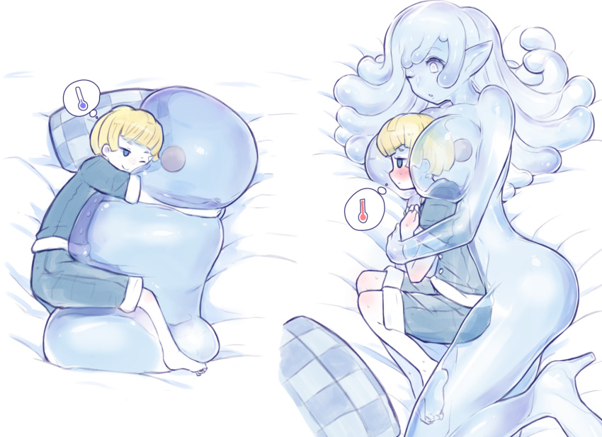 1boy, 1girl, age_difference, barefoot, between_breasts, blonde_hair, blue_eyes, blue_hair