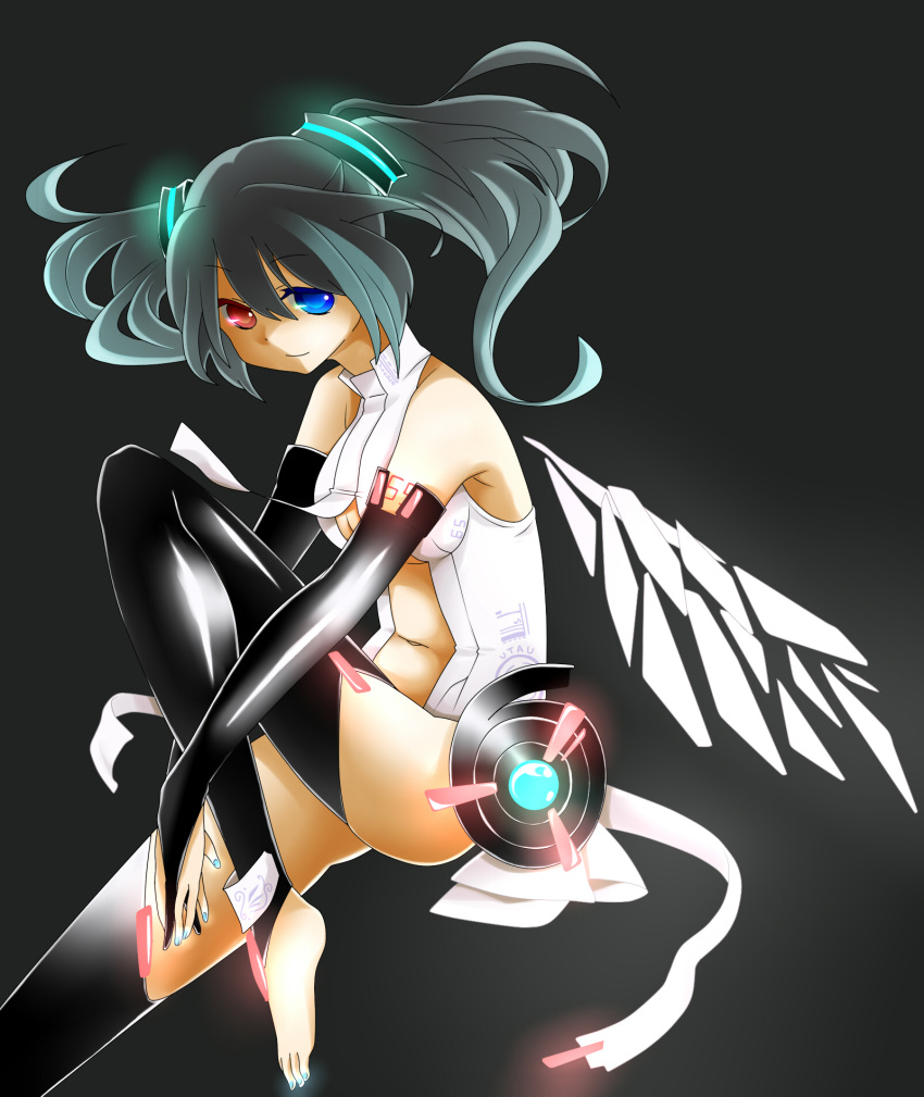barefoot, black_hair, blue_eyes, bridal_gauntlets, cosplay, elbow_gloves, fingerless_gloves, gloves
