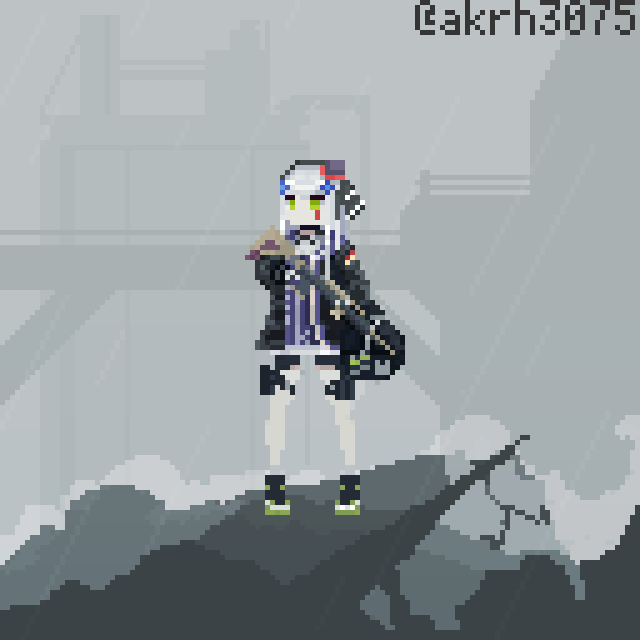 1girl, akrh, assault_rifle, fog, german_flag, girls_frontline, green_eyes, grey_sky, gun, h&amp;k_hk416, hk416_(girls'_frontline), mod3_(girls'_frontline), pixel_art, rain, rifle, shoes, silver_hair, sneakers, solo, thigh-highs, twitter_username, weapon