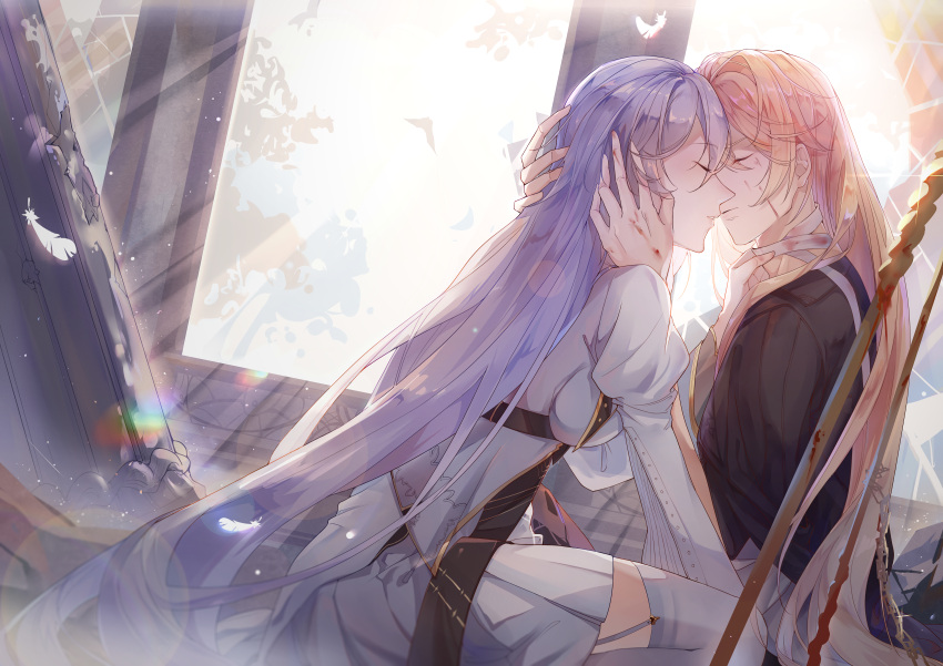 1boy, 1girl, absurdres, bangs, black_jacket, blonde_hair, blood, blood_on_face, closed_eyes, closed_mouth, dress, feathers, highres, honkai_(series), honkai_impact_3rd, jacket, kalianabokalisi, kallen_kaslana, long_hair, long_sleeves, nun, otto_apocalypse, polearm, spear, sunlight, thigh-highs, weapon, white_dress, white_hair, white_legwear, white_sky