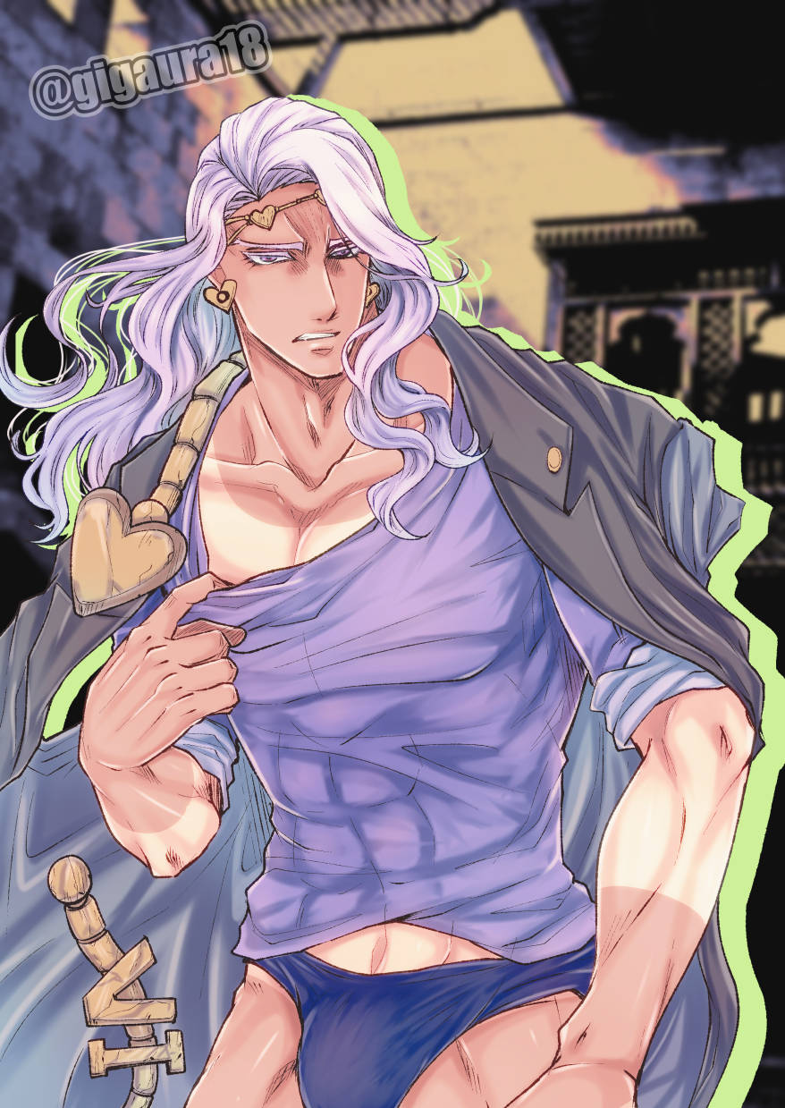 1boy, bulge, collar_tug, dark-skinned_male, dark_skin, earrings, heart, heart_earrings, highres, jacket, jacket_on_shoulders, jewelry, jojo_no_kimyou_na_bouken, long_hair, male_focus, male_swimwear, muscular, muscular_male, purple_hair, shirt, solo, stardust_crusaders, swim_briefs, tan, tanakaoften, tanlines, tight, tight_shirt, vanilla_ice