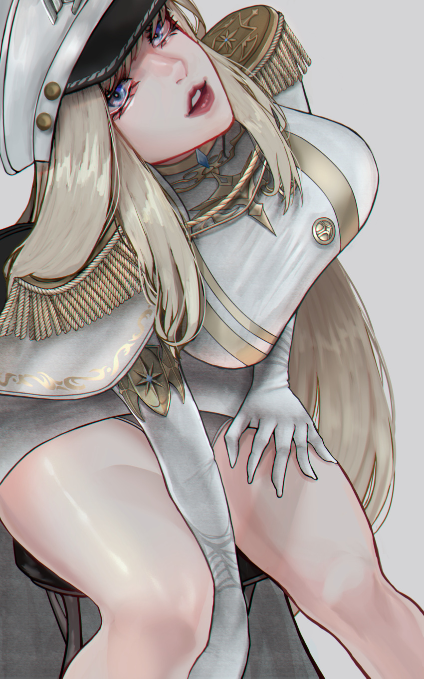 1girl, arm_between_legs, blonde_hair, blue_eyes, breasts, cape, elbow_gloves, eyelashes