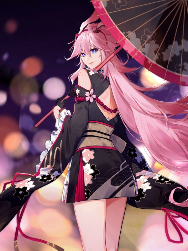 1girl, animal_ears, back, bangs, black_gloves, black_kimono, blurry, blurry_background