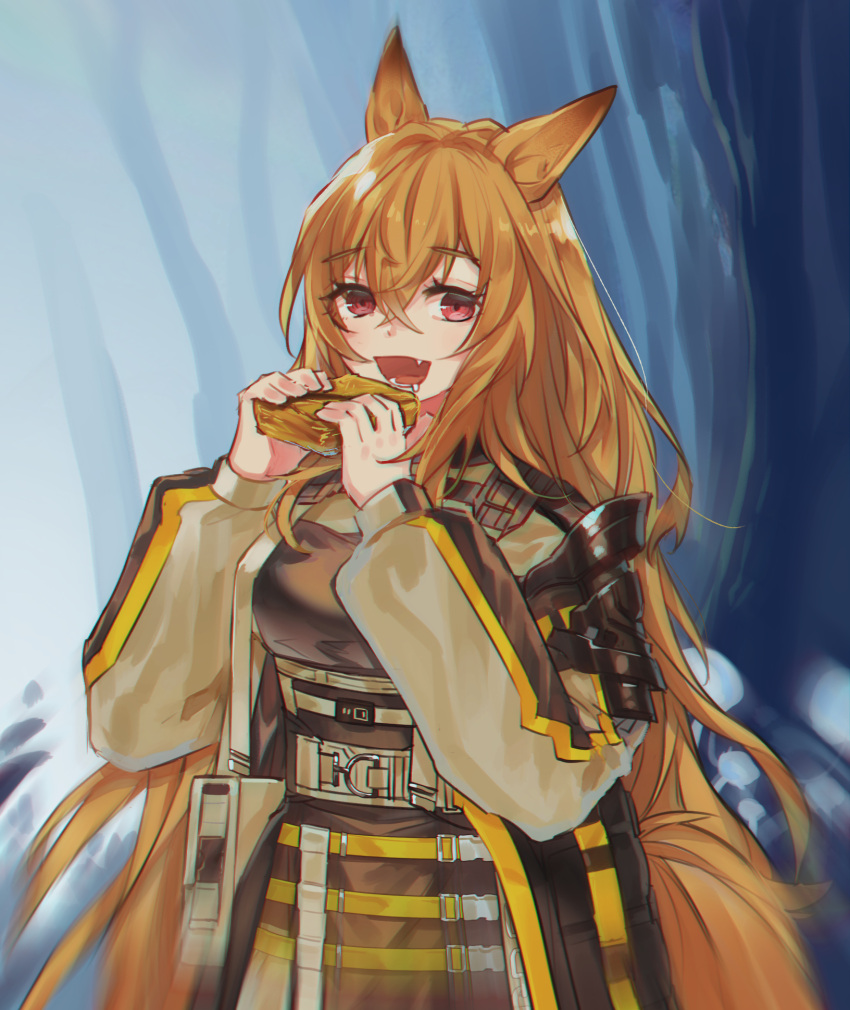 1girl, animal_ears, arknights, armor, bangs, belt, biscuit_(bread), blurry