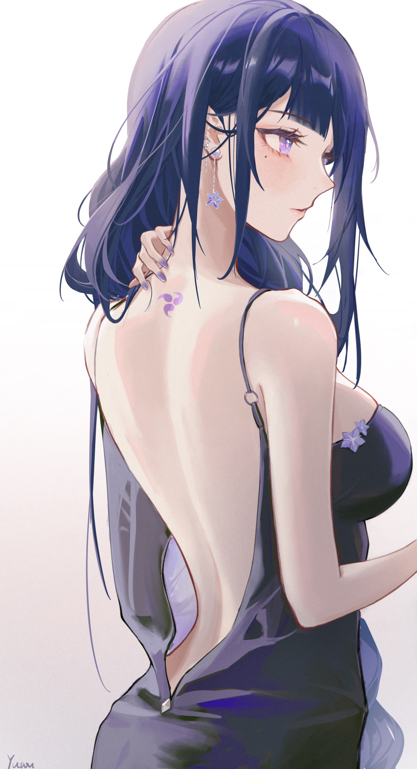 1girl, absurdres, alternate_costume, artist_name, backless_dress, backless_outfit, black_dress, breasts