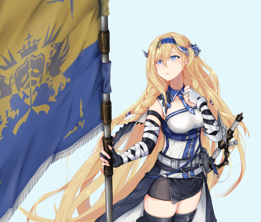 1girl, arknights, bangs, bare_shoulders, black_skirt, blonde_hair, blue_background, blue_eyes