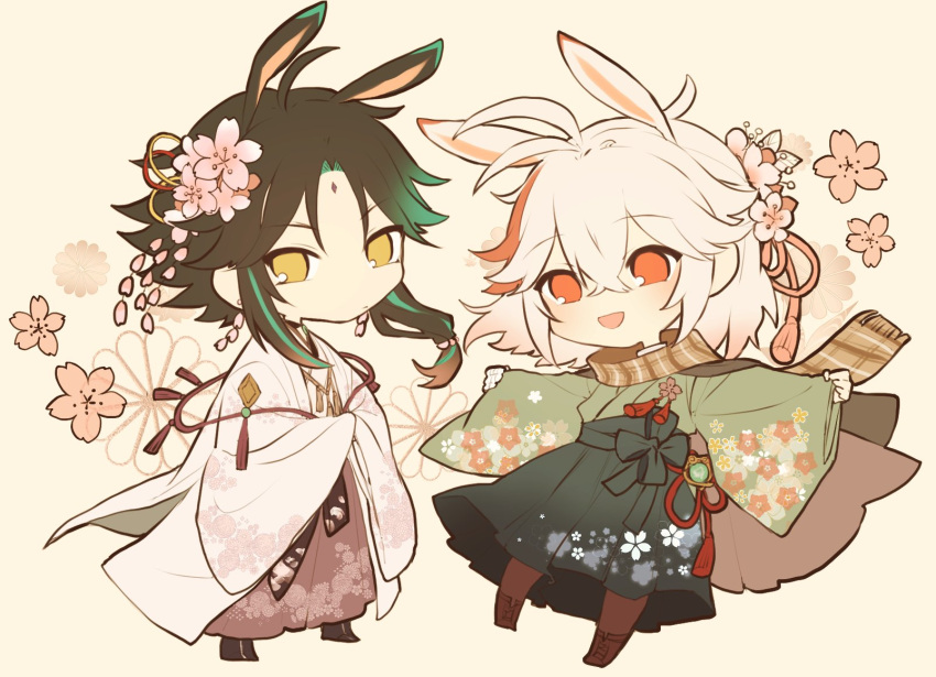 2boys, alternate_costume, alternate_hairstyle, animal_ears, antenna_hair, bangs, black_hair, brown_scarf