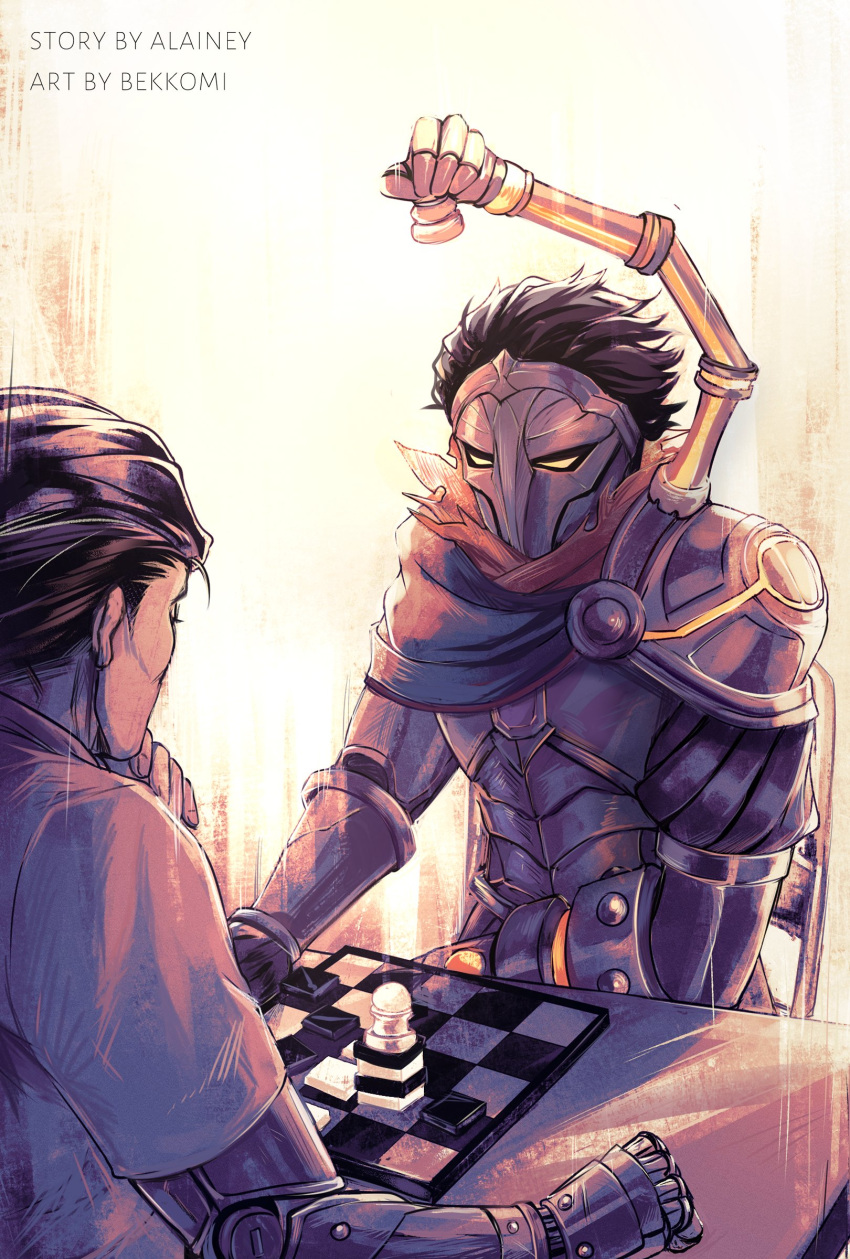 2boys, absurdres, armor, artist_name, bekkomi, board_game, breastplate, cape