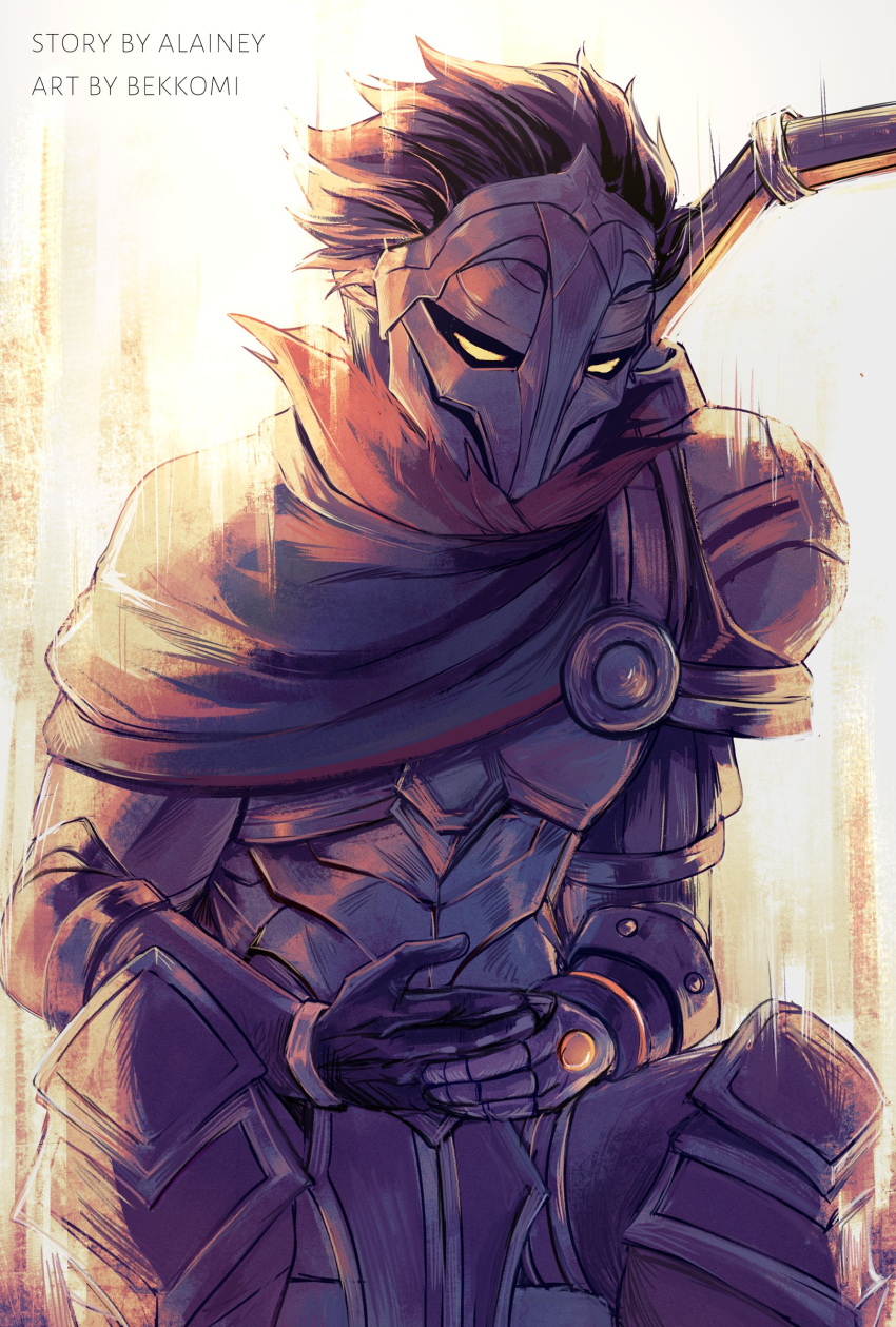 1boy, absurdres, armor, artist_name, bekkomi, brown_background, cape, english_commentary