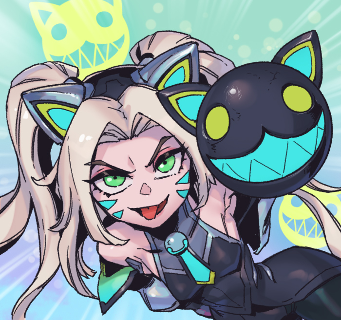 1girl, animal_ears, bangs, bare_shoulders, battle_cat_jinx, black_legwear, black_leotard, blonde_hair, breasts, cat_ears, covered_collarbone, facial_mark, fake_animal_ears, green_eyes, grin, jinx_(league_of_legends), league_of_legends, leotard, long_hair, pantyhose, parted_bangs, phantom_ix_row, sharp_teeth, small_breasts, smile, solo, teeth, tongue, tongue_out, twintails