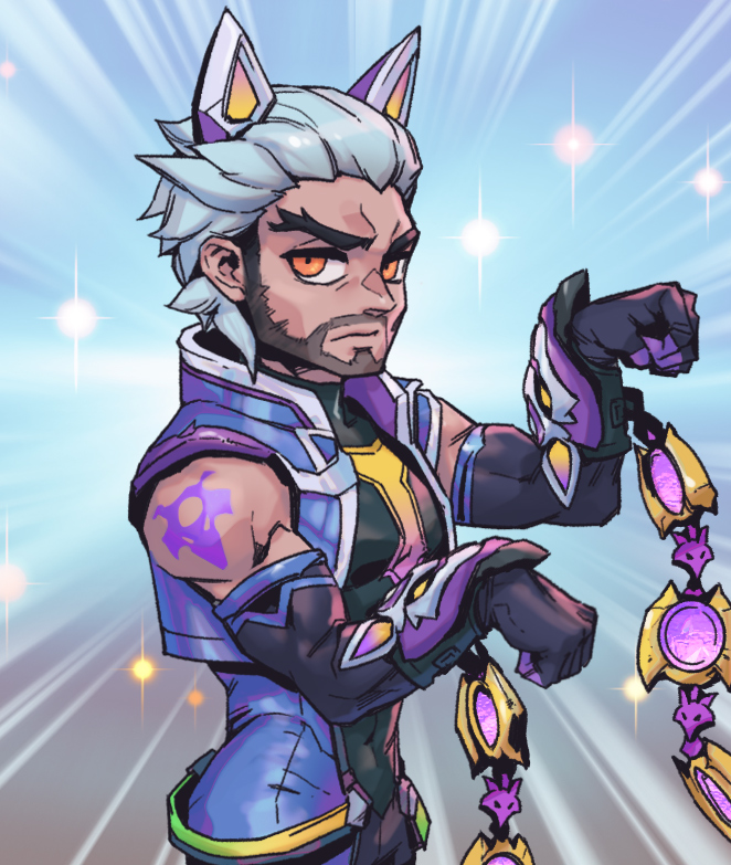 1boy, animal_ears, bangs, bare_shoulders, battle_wolf_sylas, beard, black_gloves, elbow_gloves