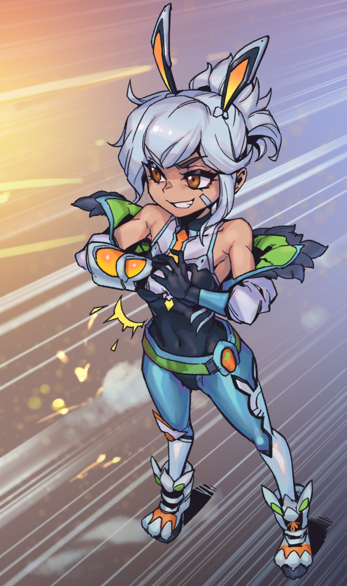 animal_ears, bangs, bare_shoulders, battle_bunny_prime_riven, belt, black_leotard, brown_eyes, clenched_hand