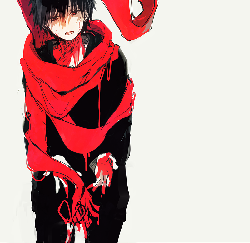 1boy, black_hair, black_pants, black_shirt, blood, holding, holding_scissors, implied_suicide