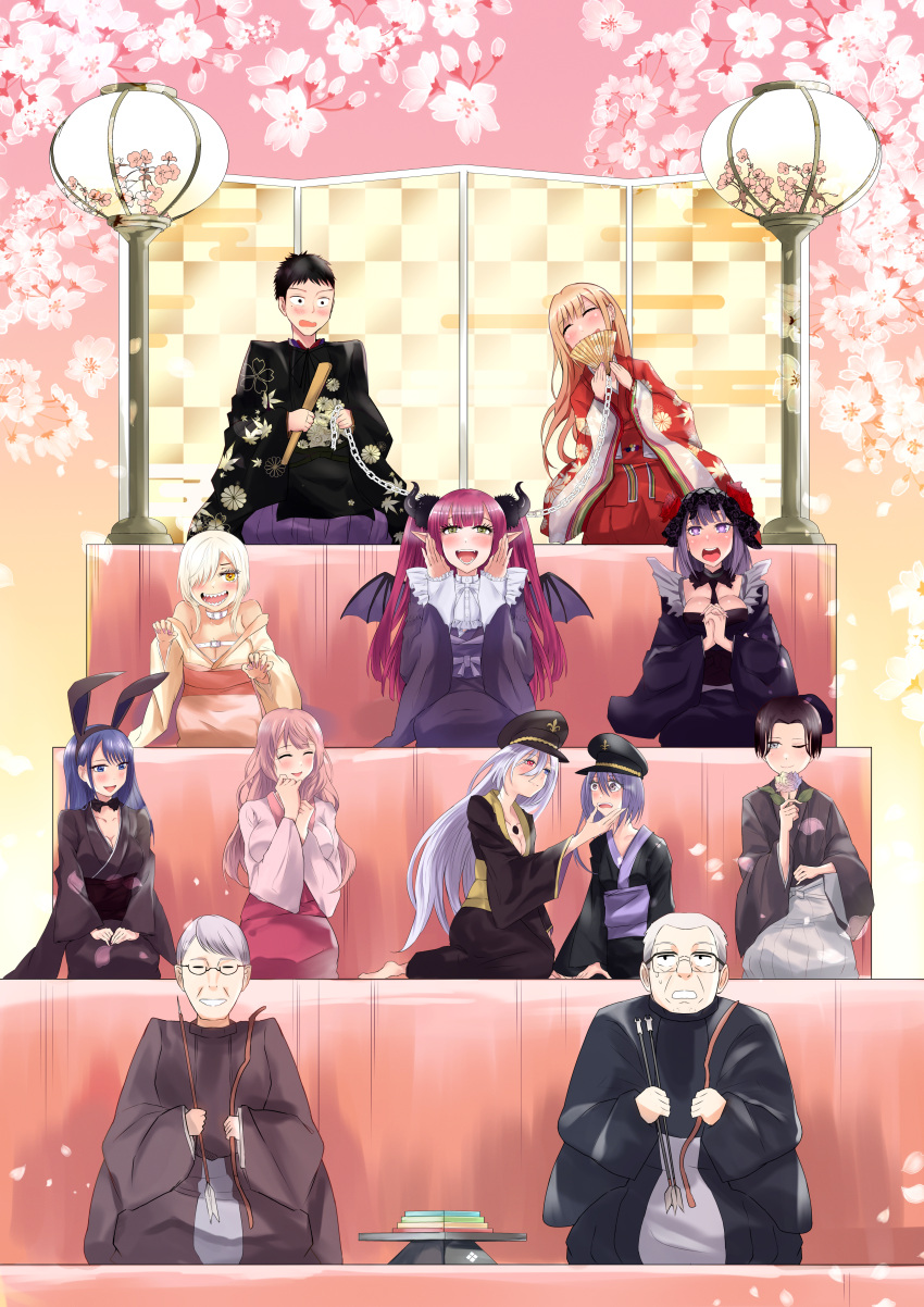 absurdres, black_hair, black_lobelia, blonde_hair, chain, character_request, closed_eyes, demon_girl