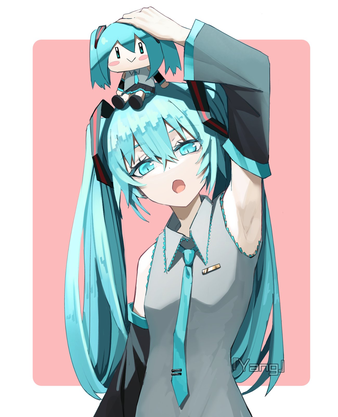 1girl, :>, aqua_eyes, aqua_hair, aqua_necktie, arm_up, armpits, artist_name, bare_shoulders, black_skirt, black_sleeves, blush_stickers, border, character_doll, commentary, detached_sleeves, doll_on_head, grey_shirt, hair_ornament, hatsune_miku, highres, long_hair, looking_at_viewer, miniskirt, necktie, object_on_head, open_mouth, pink_background, shirt, skirt, sleeveless, sleeveless_shirt, smile, solo, twintails, upper_body, vocaloid, white_border, yangie37