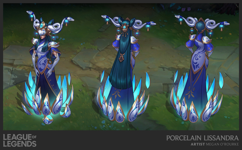 1girl, alternate_hairstyle, artist_name, black_hair, border, character_name, closed_mouth, copyright_name, elbow_gloves, english_commentary, eye_mask, full_body, gem, gloves, glowing, grey_border, hair_ornament, highres, league_of_legends, lissandra_(league_of_legends), long_hair, official_alternate_costume, outdoors, porcelain_lissandra, short_sleeves, snake_hair_ornament, vegacolors, white_gloves