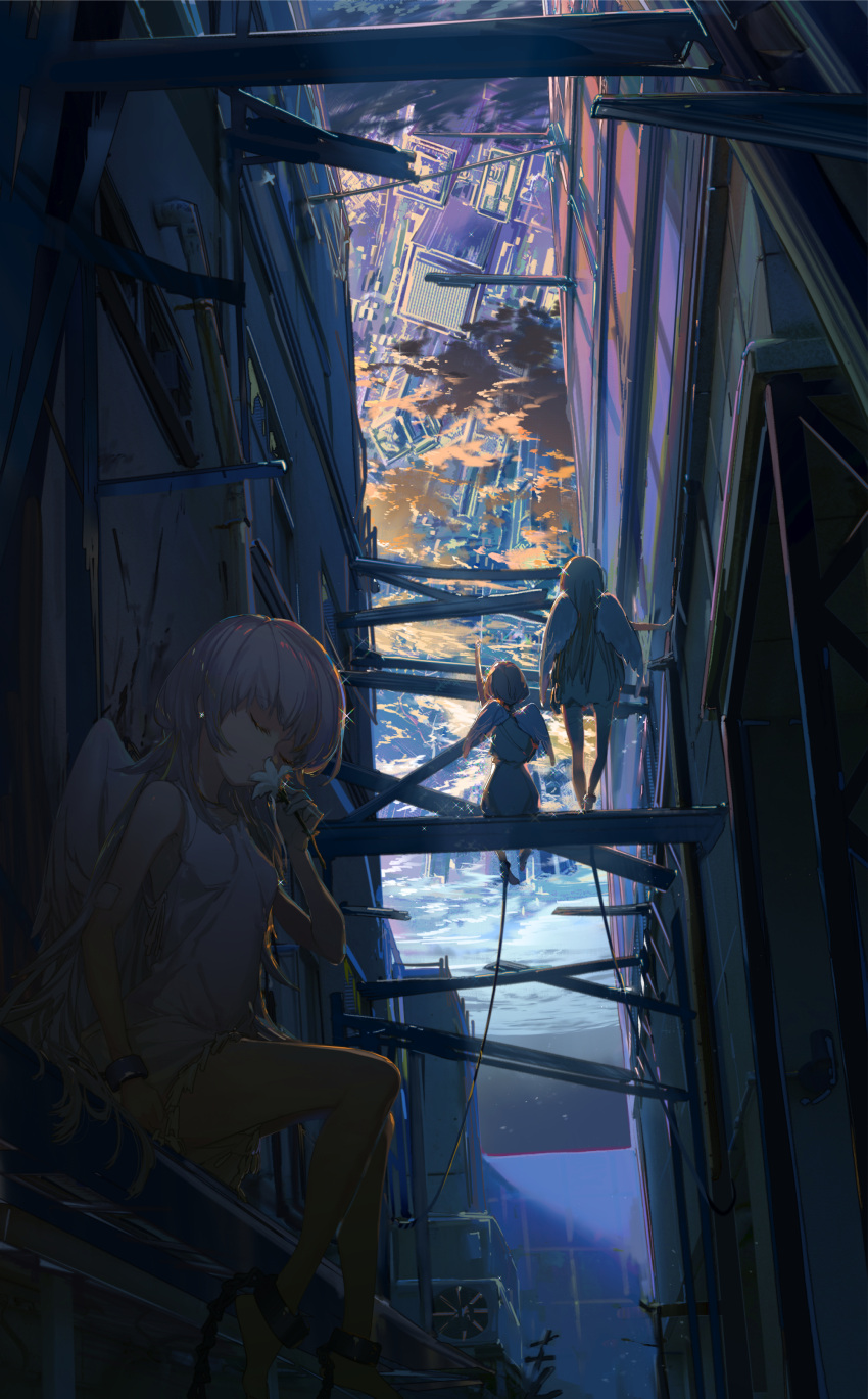 3girls, absurdres, air_conditioner, angel_wings, ashorz, barefoot, breasts, chain