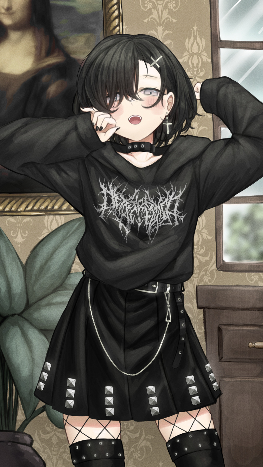 1girl, absurdres, arms_up, belt, black_hair, black_hoodie, black_legwear, black_nails