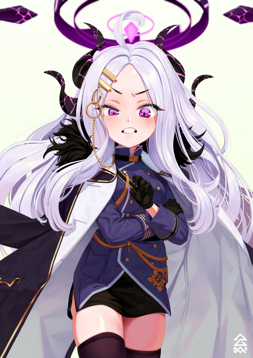 1girl, angry, bangs, black_gloves, blue_archive, clenched_teeth, coat, coat_on_shoulders
