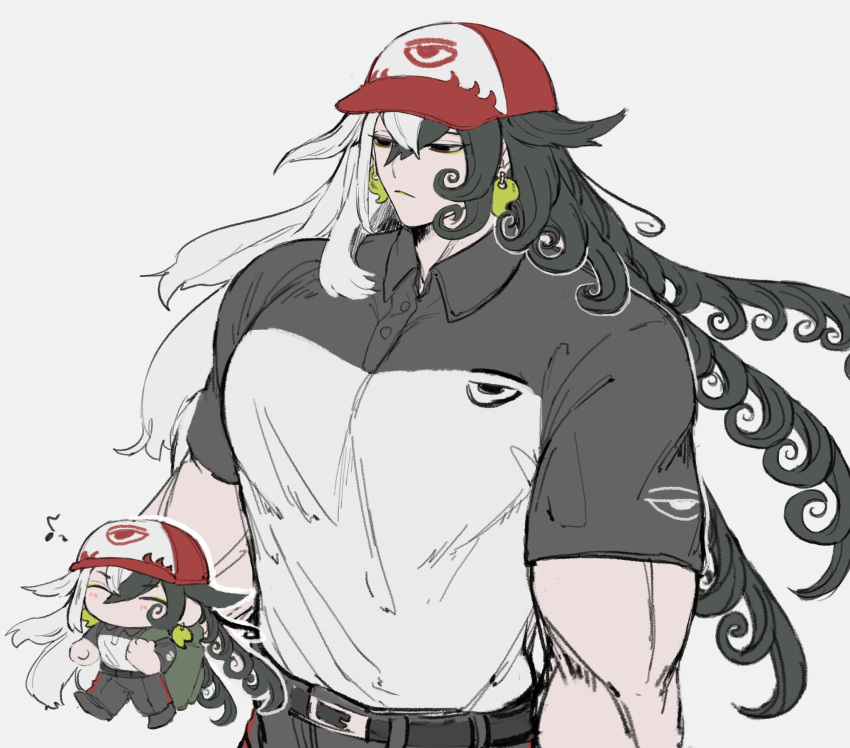 1boy, ashiya_douman_(fate), ashiya_douman_(power_shot)_(fate), black_hair, blush, chibi, commentary, curly_hair