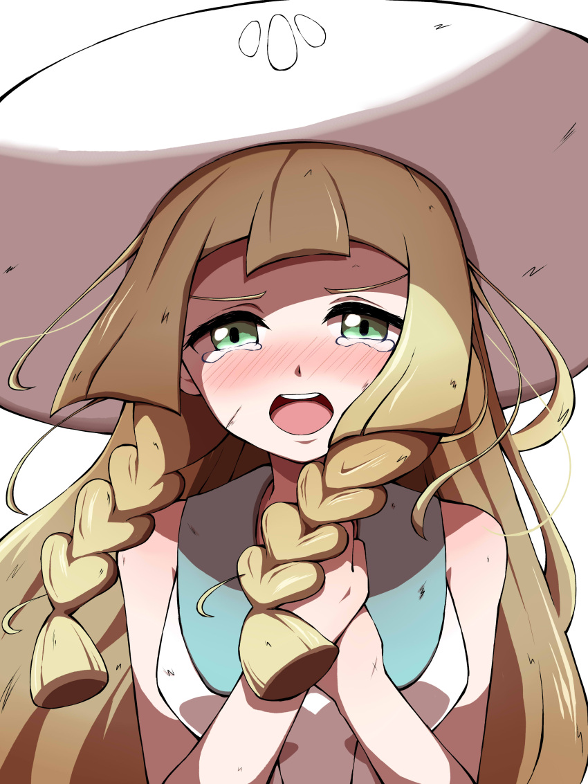 1girl, absurdres, bangs, blonde_hair, blush, braid, collared_dress, commentary_request