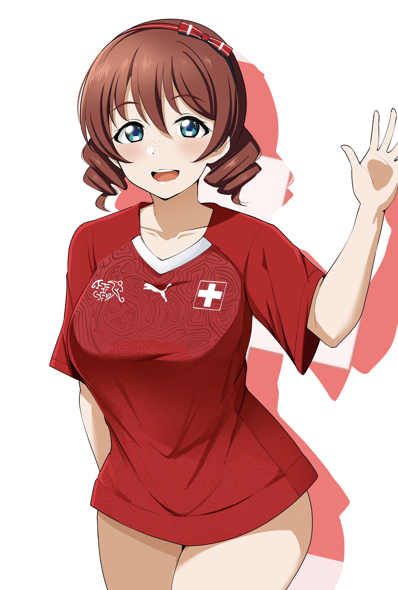 1girl, bangs, barkhorn0331, blue_eyes, breasts, brown_hair, cowboy_shot, drill_hair