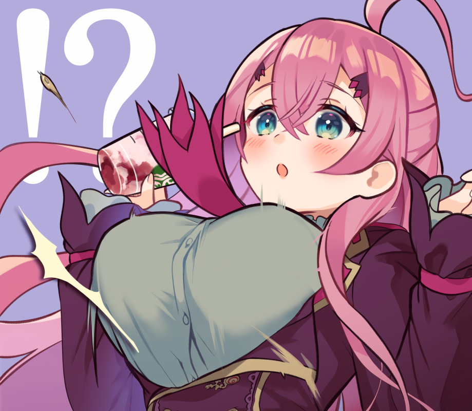 !?, 1girl, :o, ahoge, blue_eyes, blush, breasts, commentary_request