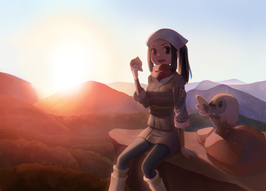 1girl, :d, akari_(pokemon), black_hair, commentary_request, day, eyelashes, geomissword, hand_up, head_scarf, highres, holding, jacket, long_hair, loose_socks, open_mouth, outdoors, pantyhose, pokemon, pokemon_(creature), pokemon_(game), pokemon_legends:_arceus, ponytail, rock, rowlet, shirt, sidelocks, skirt, sky, smile, white_headwear, white_legwear