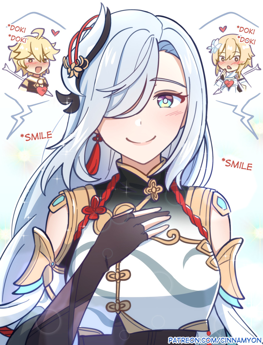 1boy, 2girls, absurdres, aether_(genshin_impact), arrow_through_heart, birthday, black_gloves, blue_eyes