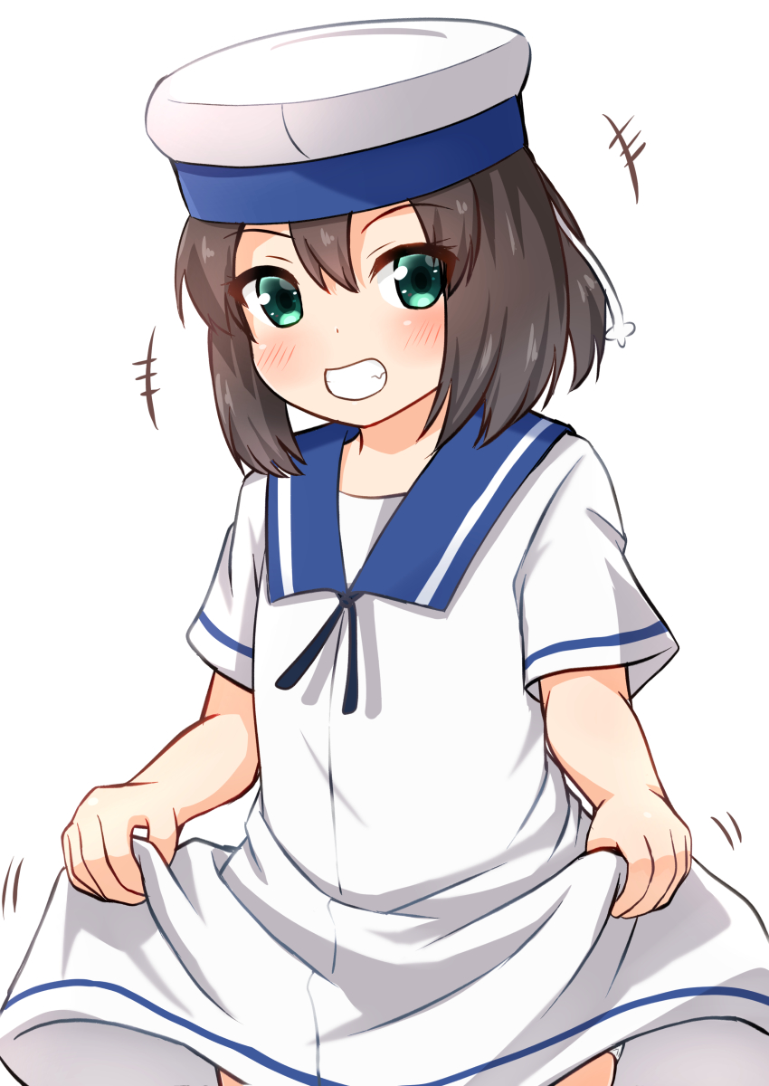 1girl, black_hair, blue_sailor_collar, bob_cut, clothes_lift, comiching, commentary_request, cowboy_shot