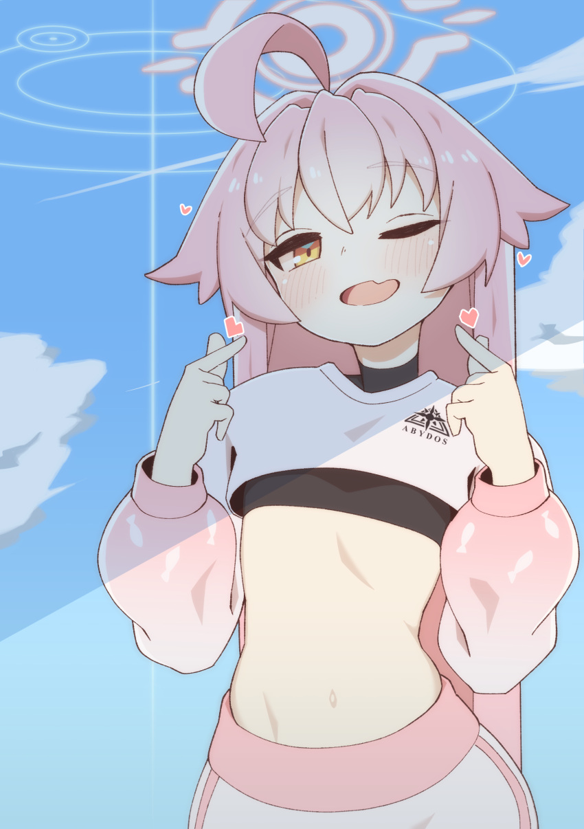 1girl, ;d, absurdres, ahoge, blue_archive, blush, bori_(3910234), eyebrows_visible_through_hair, fang, flat_chest, halo, heart, highres, hoshino_(blue_archive), long_hair, looking_at_viewer, midriff, one_eye_closed, pink_hair, pointing, smile, solo, yellow_eyes