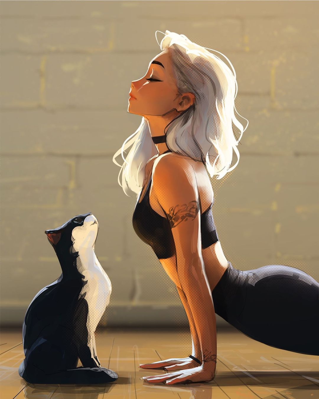 1girl, animal, arm_support, ass, bare_shoulders, black_choker, breasts, cat