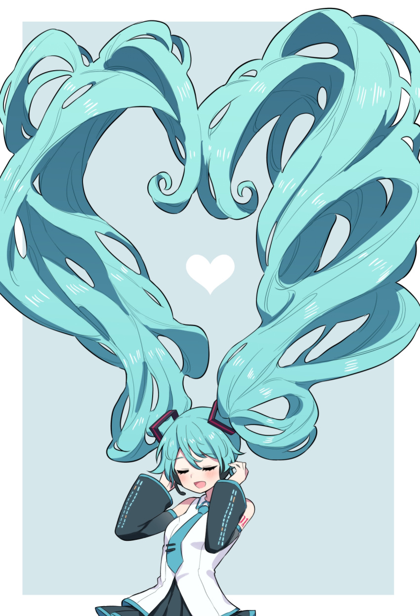 1girl, :d, aqua_hair, aqua_necktie, closed_eyes, detached_sleeves, hair_up, hatsune_miku