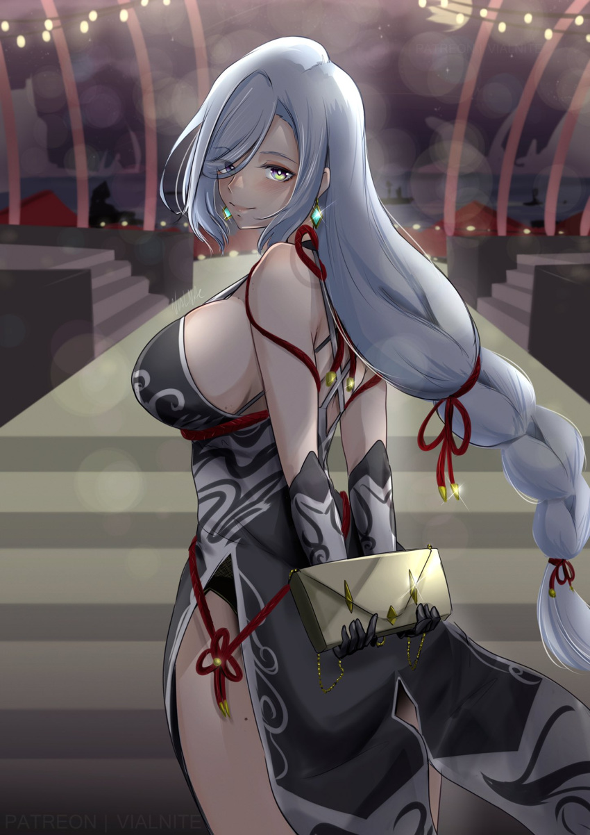 bag, black_bodysuit, blue_eyes, bodysuit, braid, braided_ponytail, breasts, china_dress