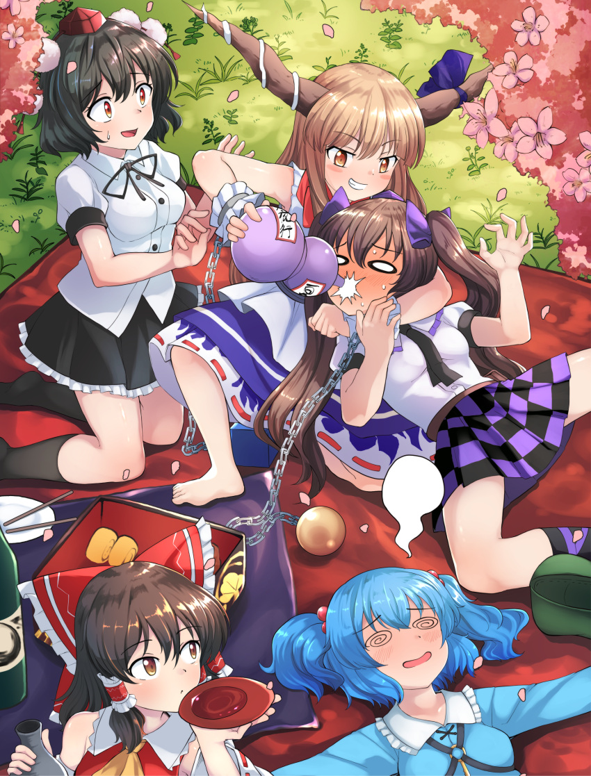 5girls, @_@, absurdres, alcohol, ascot, bangs, bare_shoulders, barefoot, black_hair, black_legwear, black_ribbon, black_skirt, blonde_hair, blue_hair, blue_shirt, blue_skirt, bow, breasts, brown_eyes, brown_hair, checkered_clothes, checkered_skirt, collared_vest, commentary_request, cuffs, cup, detached_sleeves, drinking, drunk, evil_grin, evil_smile, eyebrows_visible_through_hair, flower, forced_drinking, frilled_bow, frilled_shirt_collar, frilled_skirt, frills, grass, grin, hair_bobbles, hair_bow, hair_ornament, hair_ribbon, hair_tubes, hakurei_reimu, hat, highres, himekaidou_hatate, horn_ornament, horn_ribbon, horns, ibuki_suika, kappa, kawashiro_nitori, key, kneehighs, leg_strap, light_brown_hair, long_hair, long_sleeves, medium_breasts, medium_hair, miniskirt, multiple_girls, necktie, nontraditional_miko, oni, outdoors, pink_flower, pom_pom_(clothes), puffy_short_sleeves, puffy_sleeves, purple_bow, purple_headwear, purple_ribbon, purple_skirt, red_bow, red_eyes, red_headwear, red_vest, ribbon, ribbon-trimmed_sleeves, ribbon_trim, sakazuki, sake, shackles, shameimaru_aya, shirt, short_hair, short_sleeves, short_twintails, skirt, sleeveless, sleeveless_shirt, smile, surprised, tengu, tokin_hat, tokkuri, touhou, twintails, two_side_up, vest, white_shirt, white_skirt, yellow_ascot, yossy_(yossy1130)