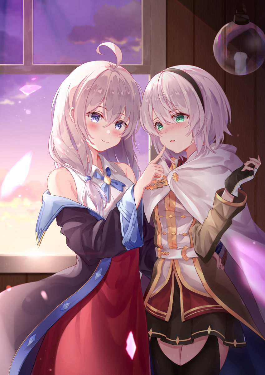 2girls, absurdres, ahoge, amnesia_(majo_no_tabitabi), bai-hyacinth, bangs, black_gloves, black_hairband