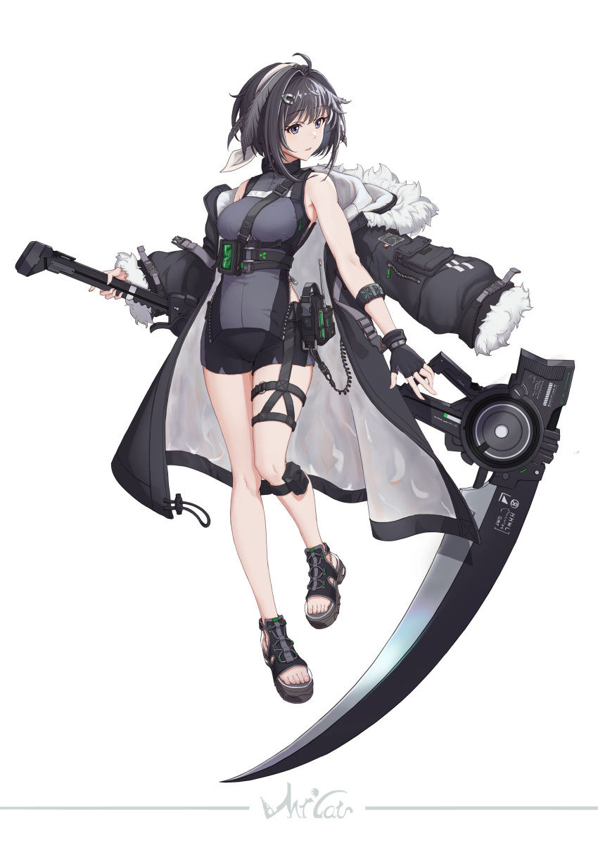 1girl, absurdres, ahoge, arknights, armband, black_coat, black_eyes, black_footwear